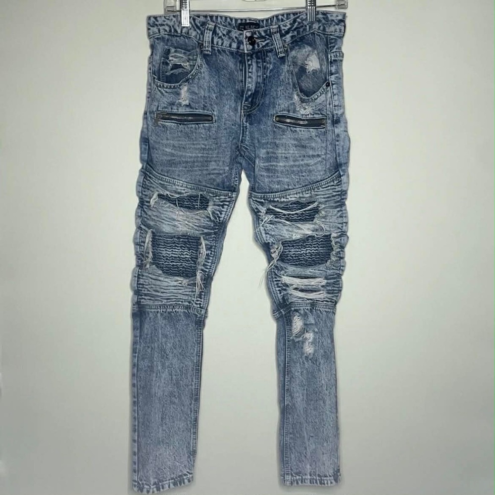 Black Premium Skinny Flex Moto Biker Jeans Distressed Zipper Men's 32x32